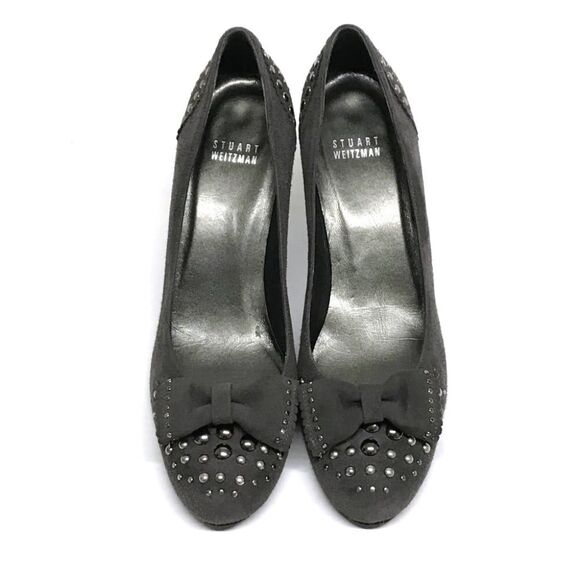 STUART WEITZMAN Gray Suede Leather Studded Pumps Heels with Bows 8N Y2K - Picture 4 of 8